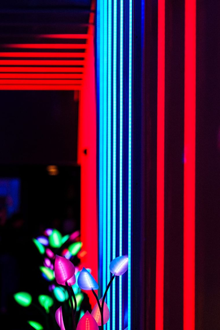 Close on the Lounge: red and blue light tubes beside a cluster of glowing petal-shaped lights.