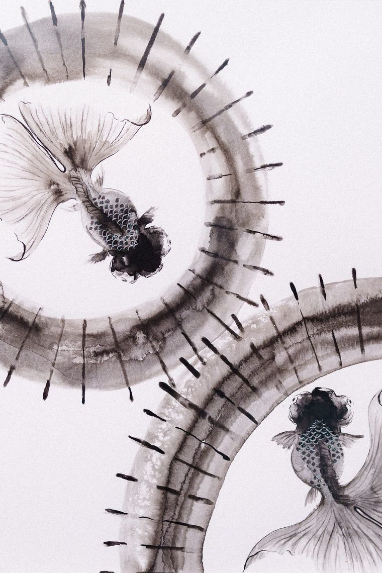 An ink painting by Ningshu Fang: two black and white goldfish circling inside brushed gray rings.