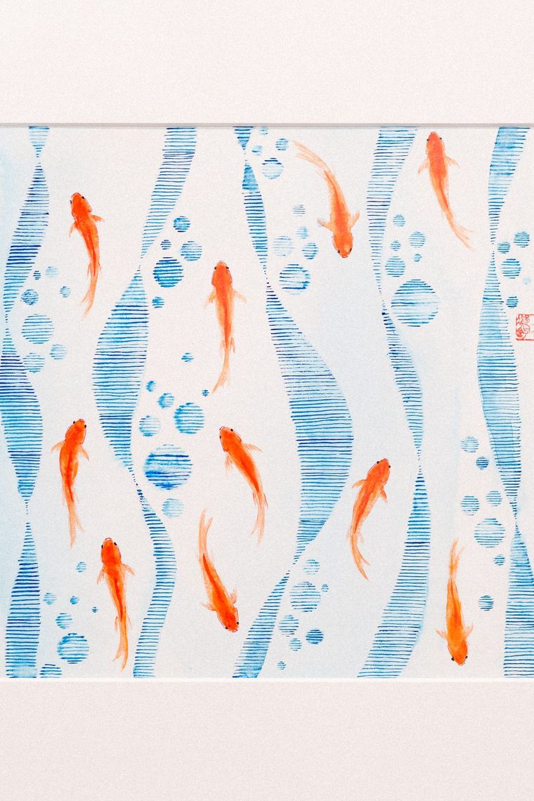 A watercolour by Ningshu Fang: orange goldfish swimming through bands of fine blue lines on white paper.