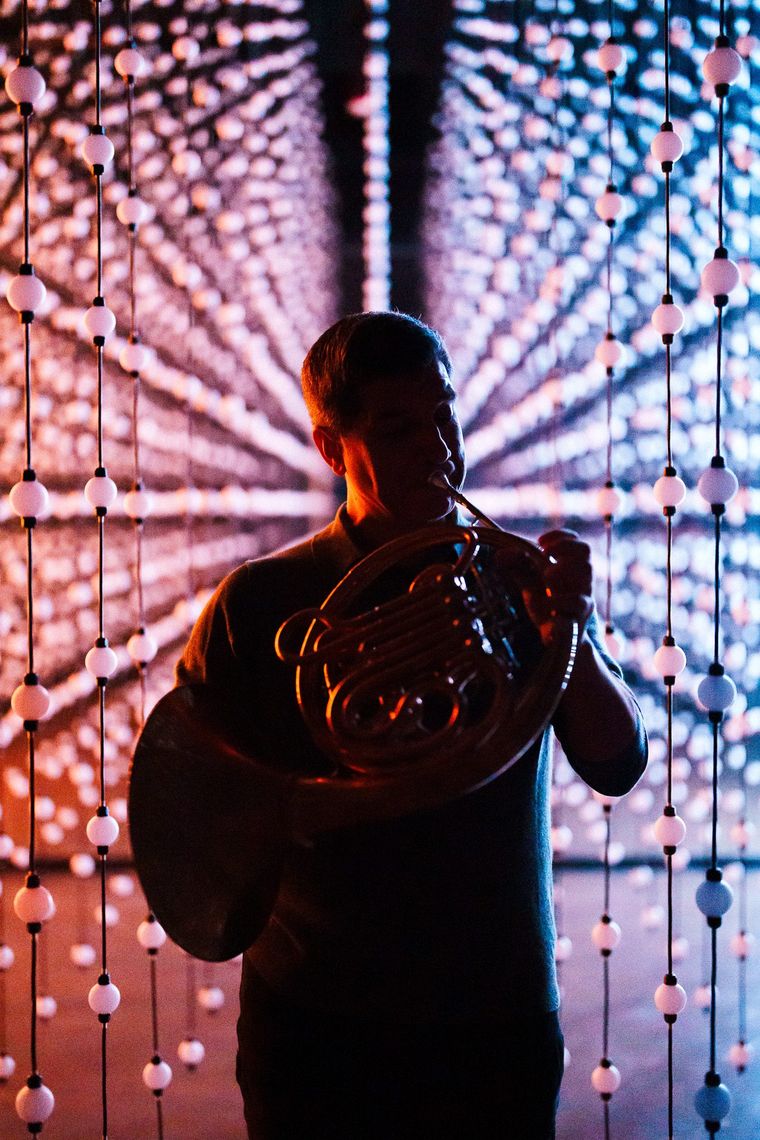 A horn player in Unknown Atmospheres, Hopscotch Portland
