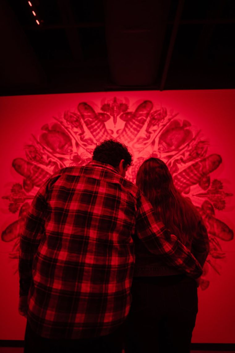 Two guests in red light face the large round medallion drawing in RGB.